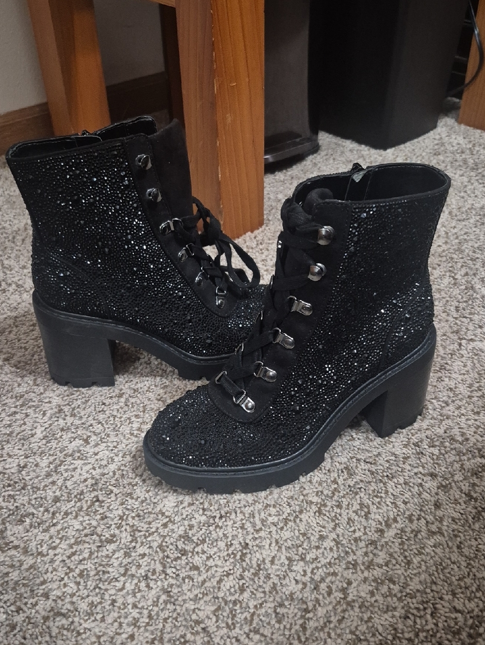 INC International Concepts Black Rhinestone Lace-Up Combat Boots
